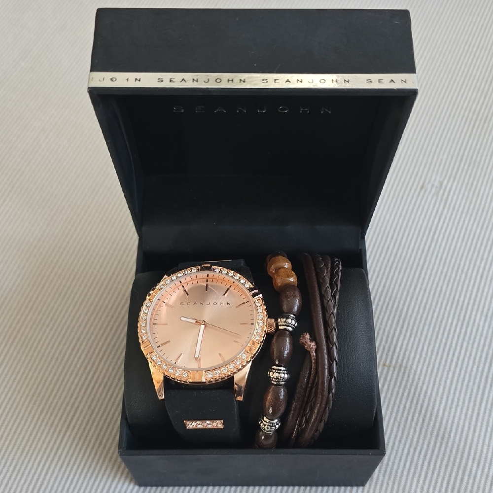 Sean John Rose Gold Watch with Brown Bracelet Set